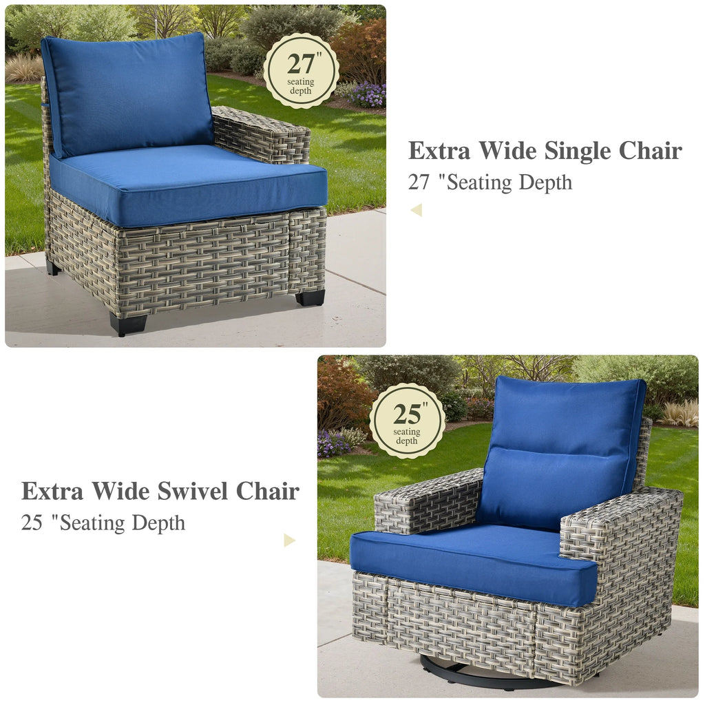 Ovios Salon de jardin modulable moderne en résine tressée toutes saisons à dossier haut, 10 pièces, avec table brasero au propane et fauteuil pivotant, gris foncé