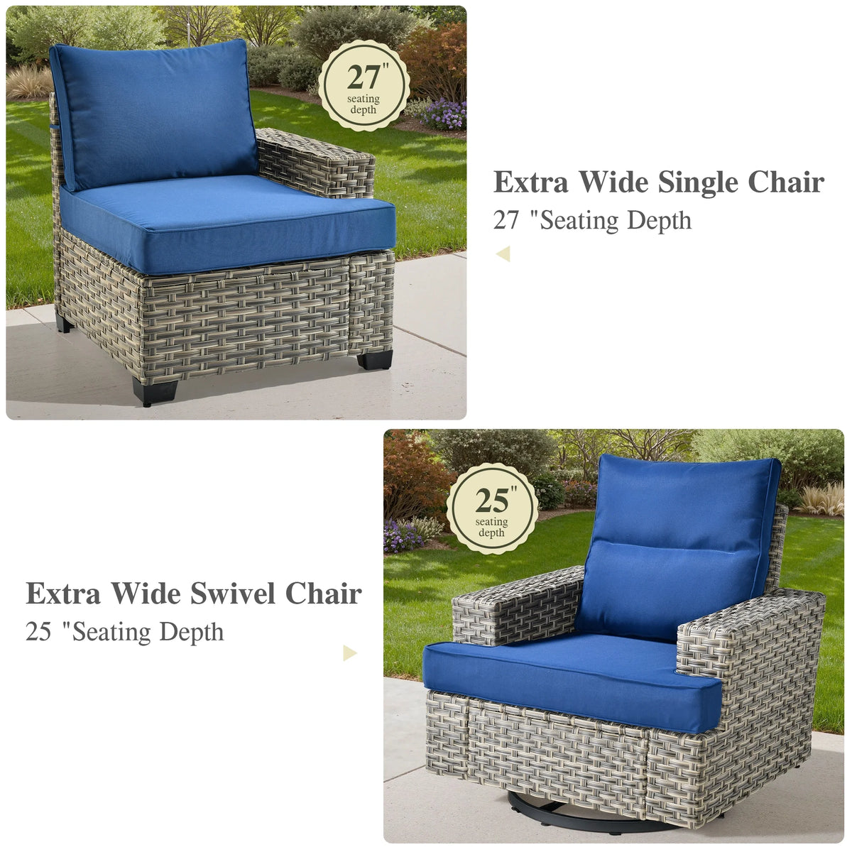 Ovios Salon de jardin modulable moderne en résine tressée toutes saisons à dossier haut, 10 pièces, avec table brasero au propane et fauteuil pivotant, gris foncé