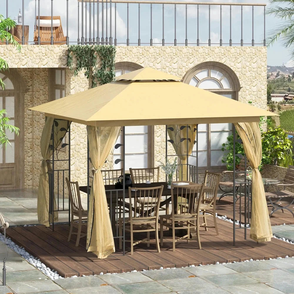 GVN Pergola de jardin pour terrasse, Auvent de pergola, Abri de jardin extérieur avec double toit de 10' x 10' et filet, Beige
