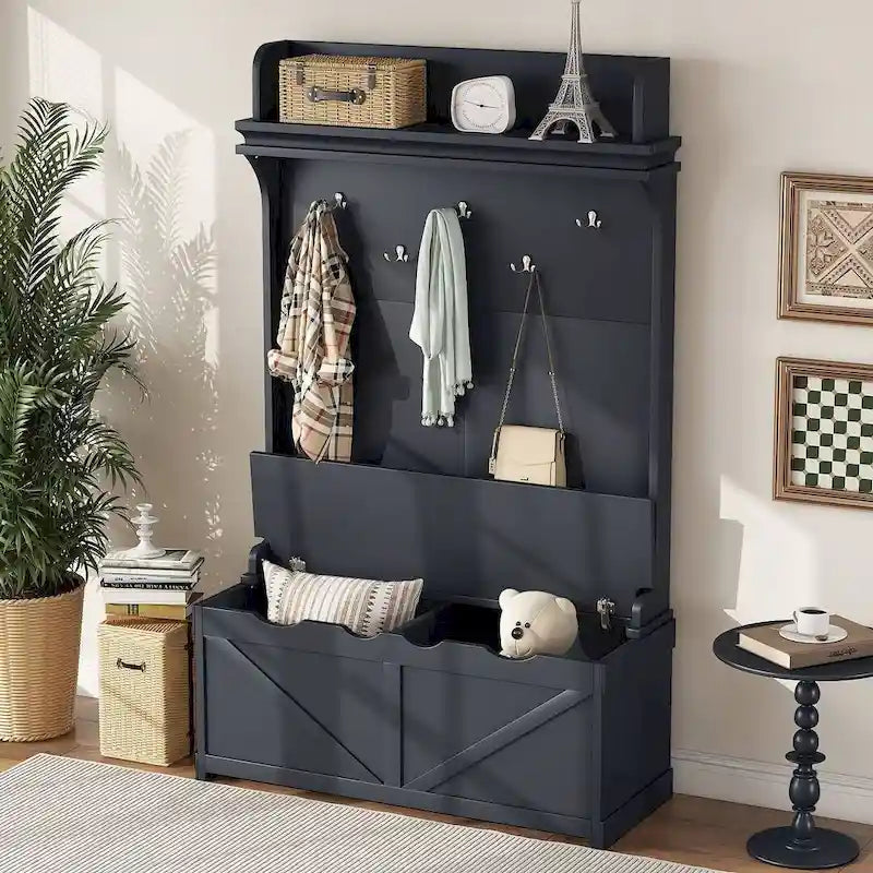 Banc de rangement et porte-manteau 3-en-1 Hall Tree de 74 po avec 5 crochets et ancre anti-basculement pour entrée