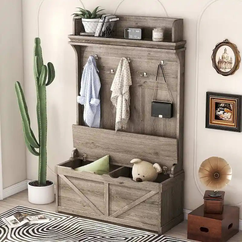 Banc de rangement et porte-manteau 3-en-1 Hall Tree de 74 po avec 5 crochets et ancre anti-basculement pour entrée