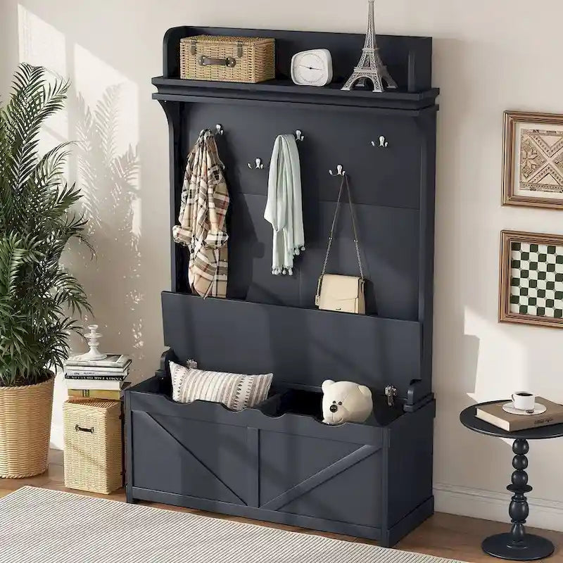 Banc de rangement et porte-manteau 3-en-1 Hall Tree de 74 po avec 5 crochets et ancre anti-basculement pour entrée