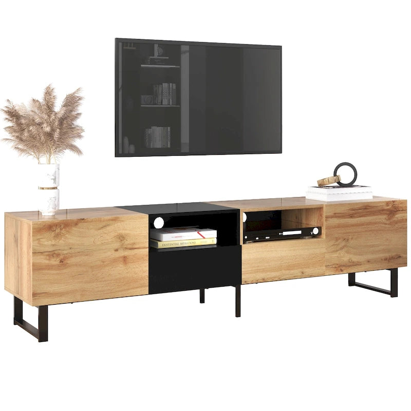 Meuble TV avec 2 placards et compartiment de rangement ouvert