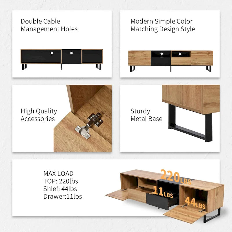 Meuble TV avec 2 placards et compartiment de rangement ouvert