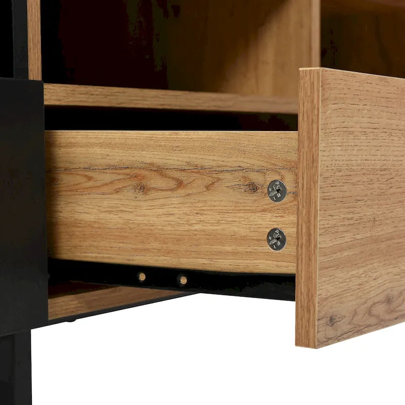 Meuble TV avec 2 placards et compartiment de rangement ouvert