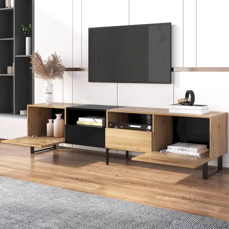 Meuble TV avec 2 placards et compartiment de rangement ouvert