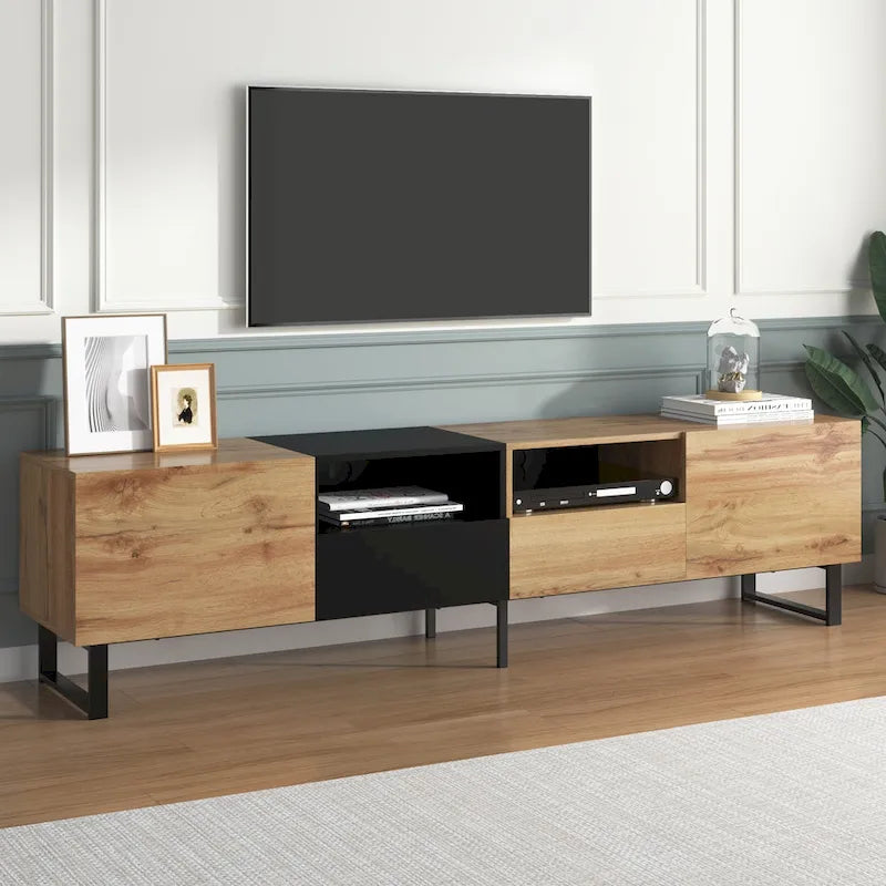 Meuble TV avec 2 placards et compartiment de rangement ouvert