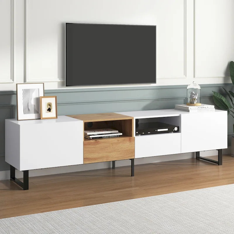 Meuble TV avec 2 placards et compartiment de rangement ouvert