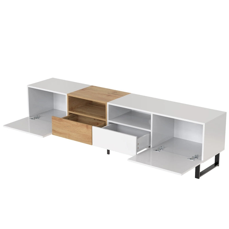 Meuble TV avec 2 placards et compartiment de rangement ouvert