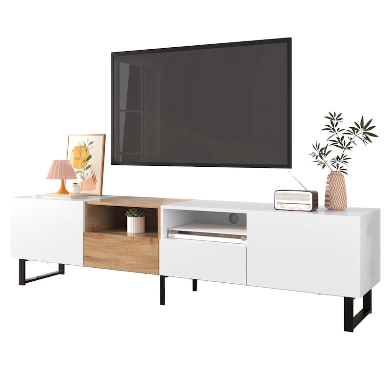 Meuble TV avec 2 placards et compartiment de rangement ouvert