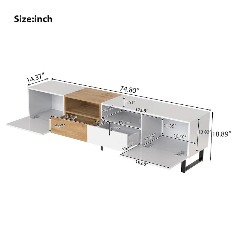 Meuble TV avec 2 placards et compartiment de rangement ouvert