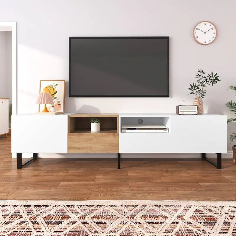Meuble TV avec 2 placards et compartiment de rangement ouvert