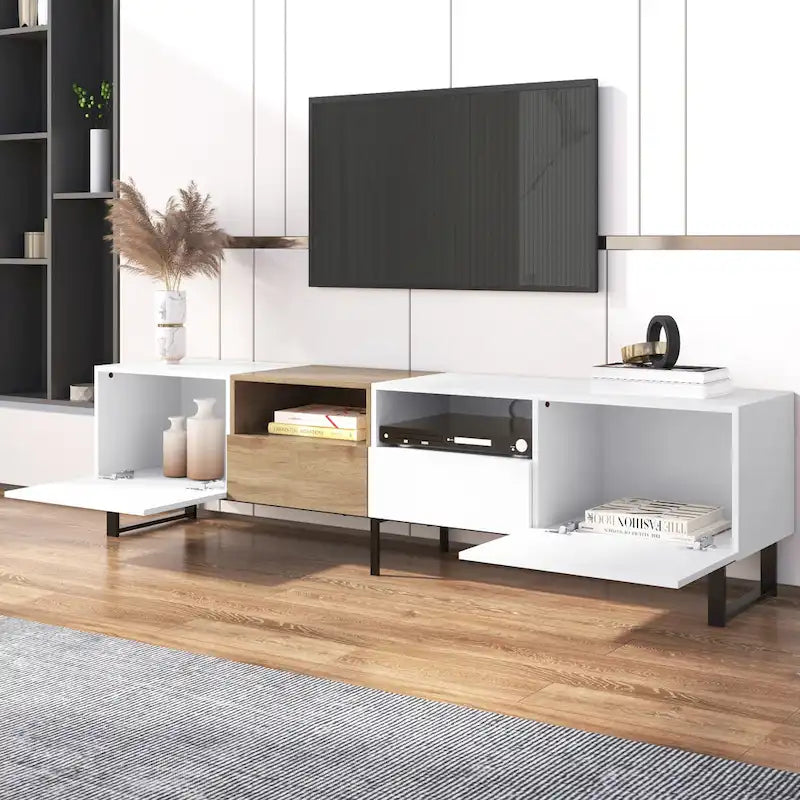 Meuble TV avec 2 placards et compartiment de rangement ouvert