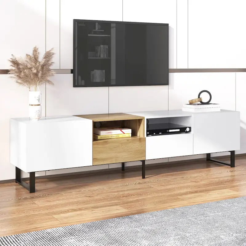 Meuble TV avec 2 placards et compartiment de rangement ouvert