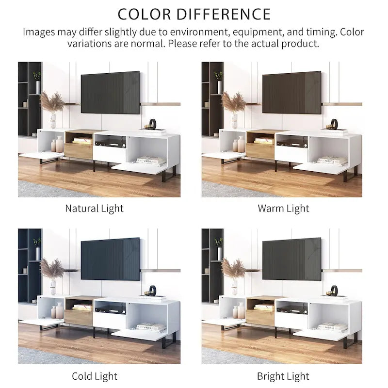 Meuble TV avec 2 placards et compartiment de rangement ouvert