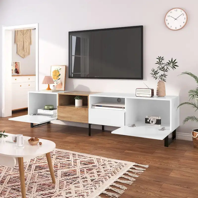 Meuble TV avec 2 placards et compartiment de rangement ouvert