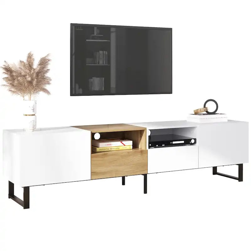 Meuble TV avec 2 placards et compartiment de rangement ouvert