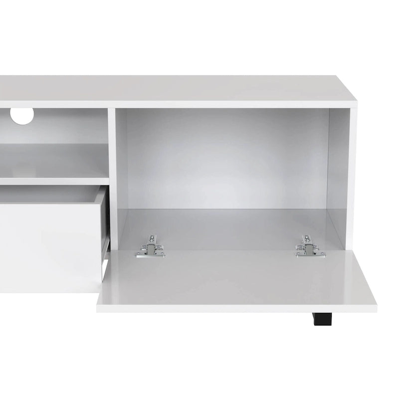 Meuble TV avec 2 placards et compartiment de rangement ouvert