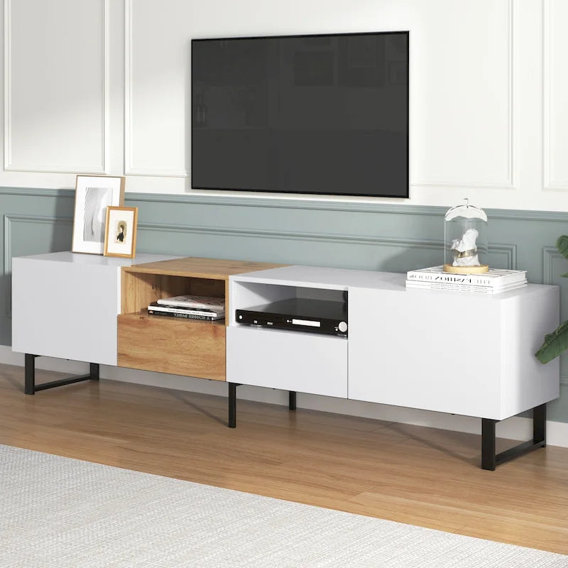 Meuble TV avec 2 placards et compartiment de rangement ouvert