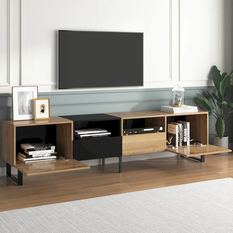 Meuble TV avec 2 placards et compartiment de rangement ouvert
