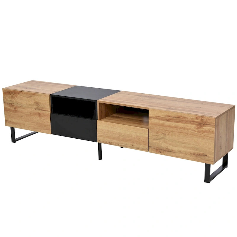 Meuble TV avec 2 placards et compartiment de rangement ouvert