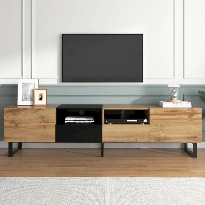 Meuble TV avec 2 placards et compartiment de rangement ouvert