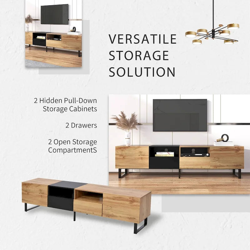 Meuble TV avec 2 placards et compartiment de rangement ouvert
