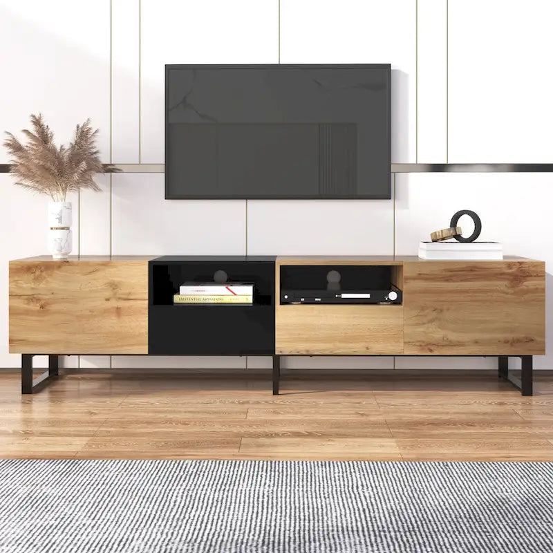 Meuble TV avec 2 placards et compartiment de rangement ouvert