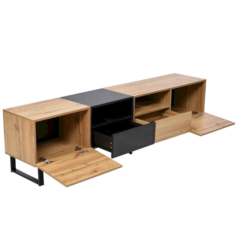 Meuble TV avec 2 placards et compartiment de rangement ouvert