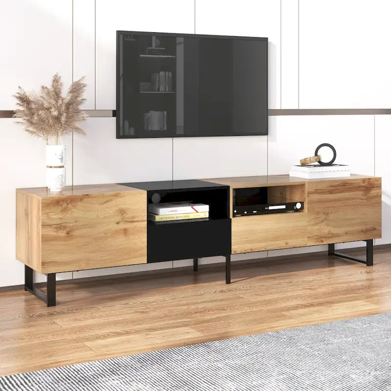 Meuble TV avec 2 placards et compartiment de rangement ouvert