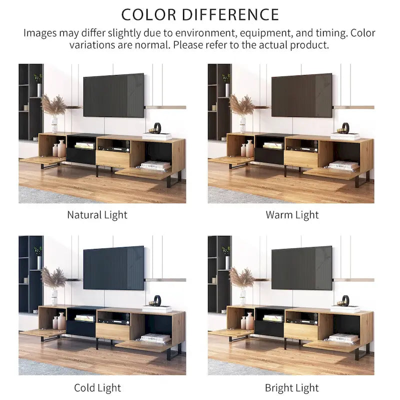Meuble TV avec 2 placards et compartiment de rangement ouvert