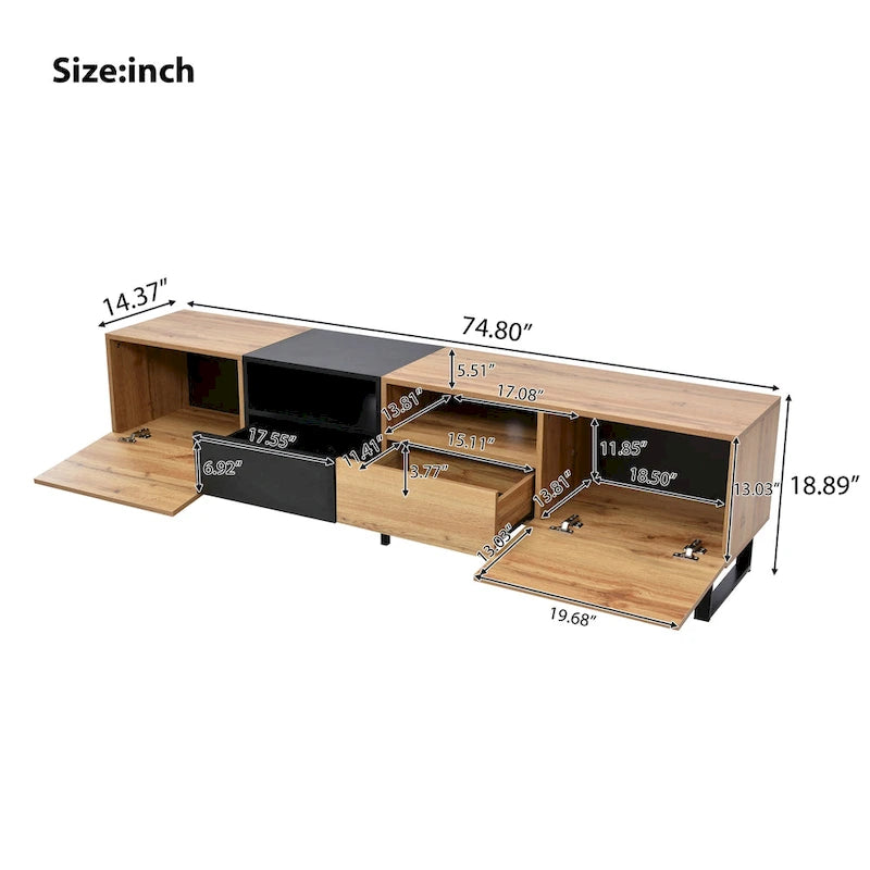 Meuble TV avec 2 placards et compartiment de rangement ouvert