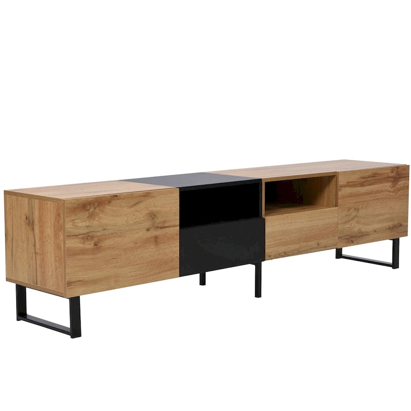 Meuble TV avec 2 placards et compartiment de rangement ouvert