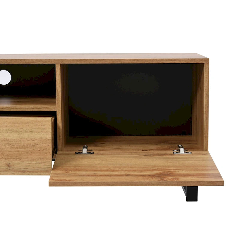 Meuble TV avec 2 placards et compartiment de rangement ouvert