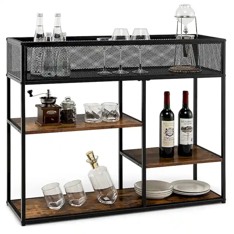 Table console à 4 niveaux avec panier métallique, table basse étroite avec étagère