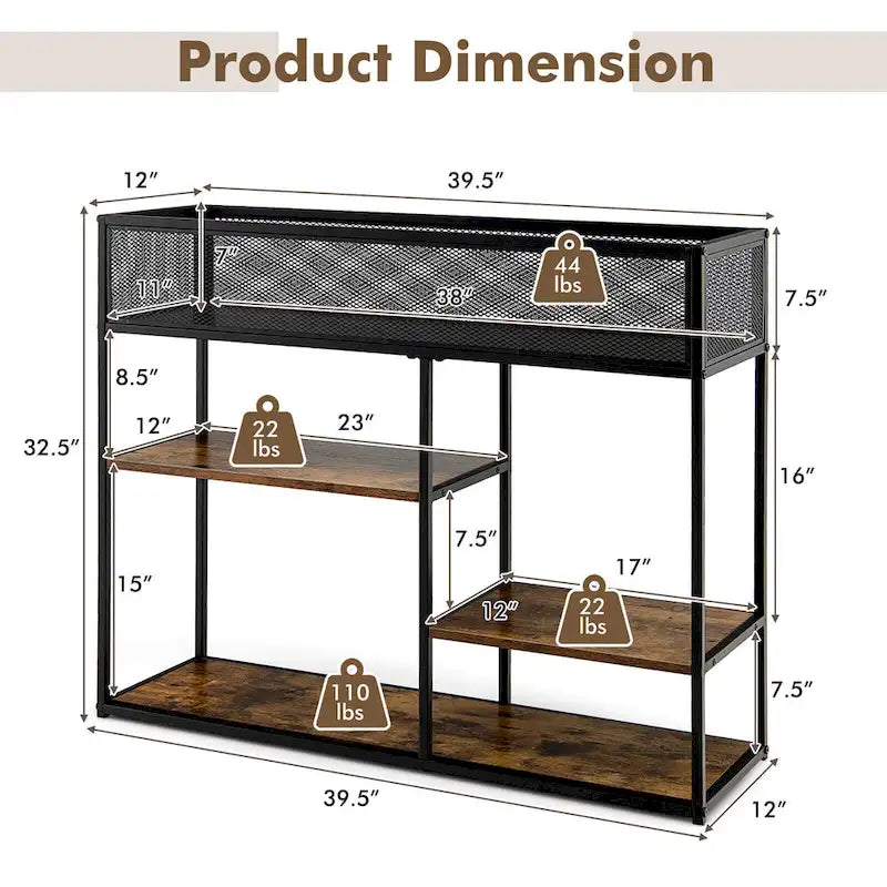Table console à 4 niveaux avec panier métallique, table basse étroite avec étagère