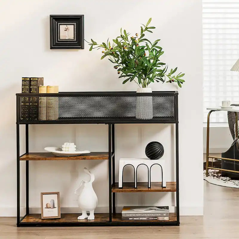 Table console à 4 niveaux avec panier métallique, table basse étroite avec étagère