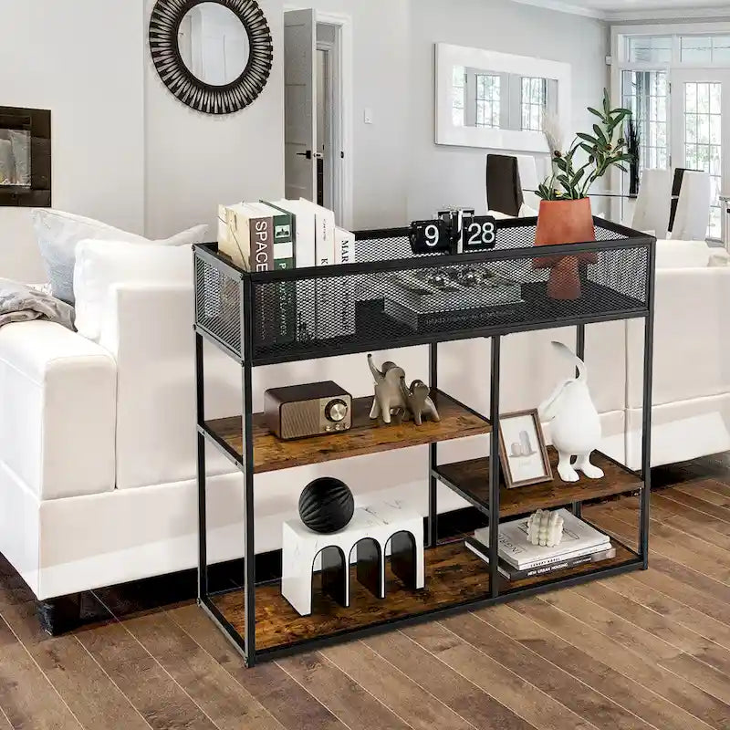 Table console à 4 niveaux avec panier métallique, table basse étroite avec étagère