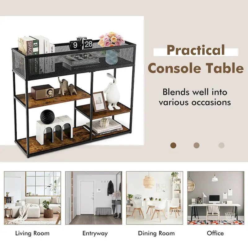 Table console à 4 niveaux avec panier métallique, table basse étroite avec étagère