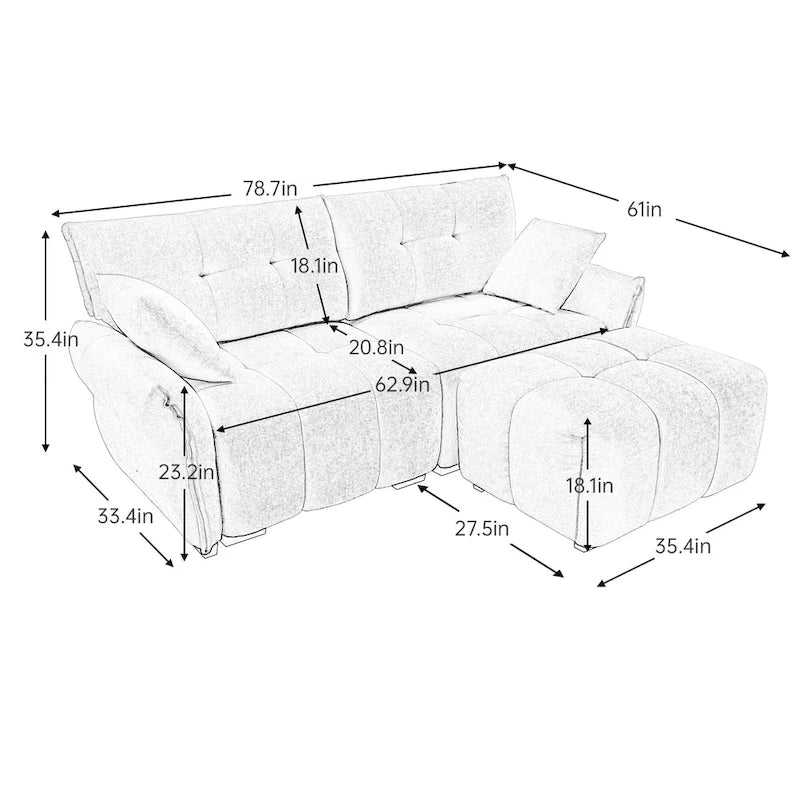 Canapé 2 places en chenille 78,7 avec ottoman, design minimaliste et coussins haute résilience