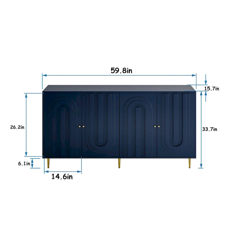 Bahut à 4 portes, Meuble de rangement en bois avec poignées et pieds dorés, Console d'entrée avec étagères réglables