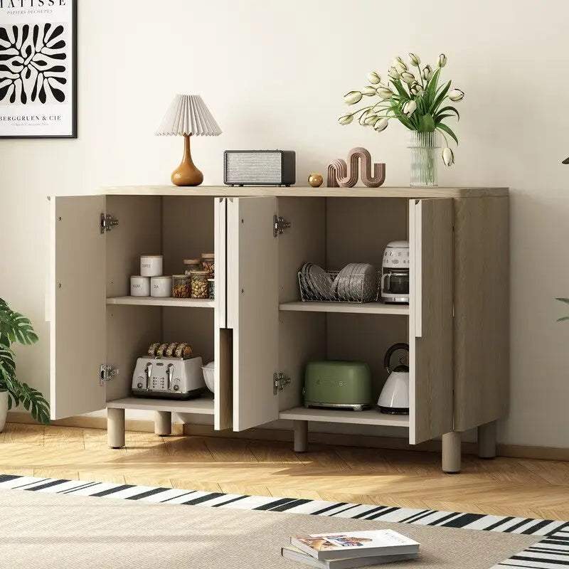 Buffet 4 portes avec rangement, buffet en bois avec poignées incurvées uniques et étagères réglables