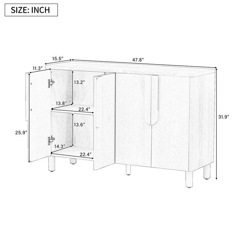 Buffet 4 portes avec rangement, buffet en bois avec poignées incurvées uniques et étagères réglables