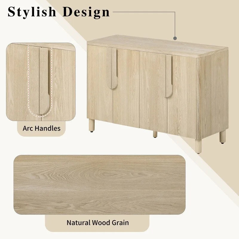 Buffet 4 portes avec rangement, buffet en bois avec poignées incurvées uniques et étagères réglables