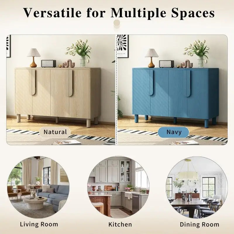 Buffet 4 portes avec rangement, buffet en bois avec poignées incurvées uniques et étagères réglables