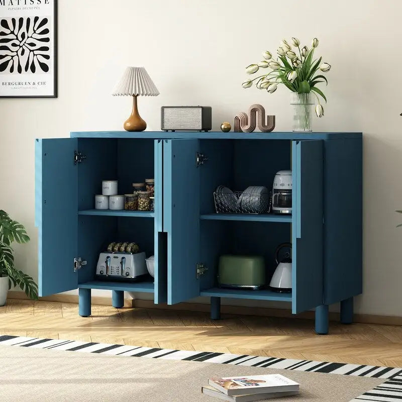 Buffet 4 portes avec rangement, buffet en bois avec poignées incurvées uniques et étagères réglables