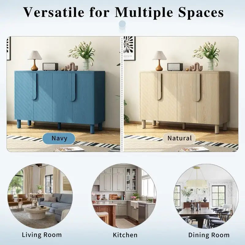 Buffet 4 portes avec rangement, buffet en bois avec poignées incurvées uniques et étagères réglables
