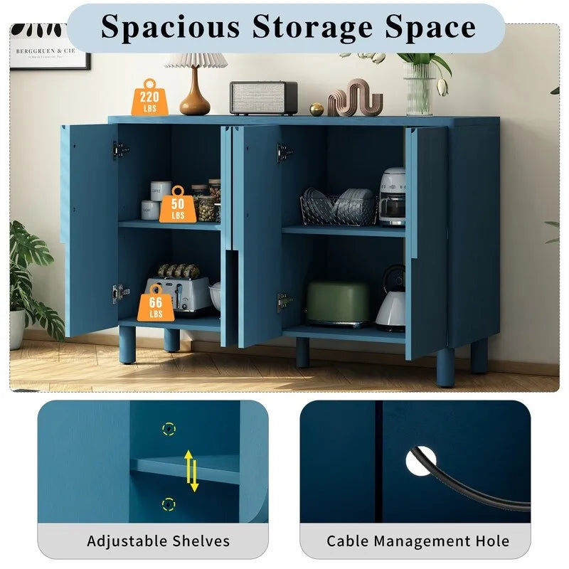 Buffet 4 portes avec rangement, buffet en bois avec poignées incurvées uniques et étagères réglables