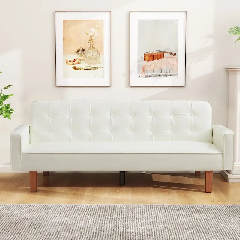 Canapé-lit futon en similicuir PU de 74 po de style milieu de siècle, canapé 3 places capitonné pour salon et chambre à coucher