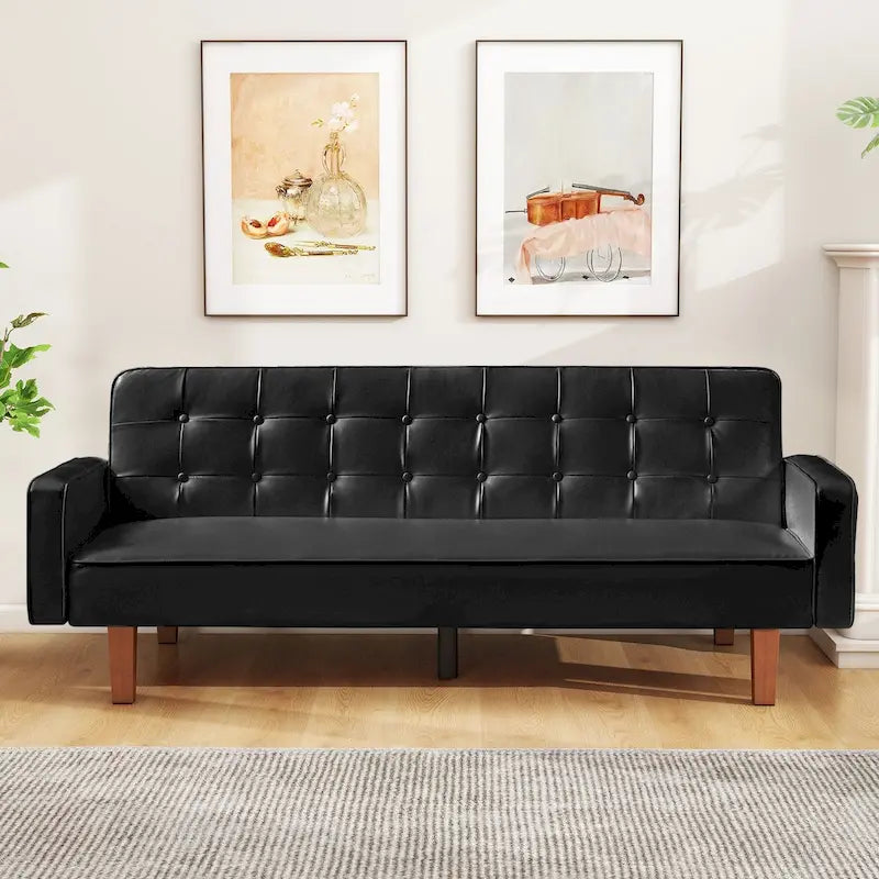 Canapé-lit futon en similicuir PU de 74 po de style milieu de siècle, canapé 3 places capitonné pour salon et chambre à coucher